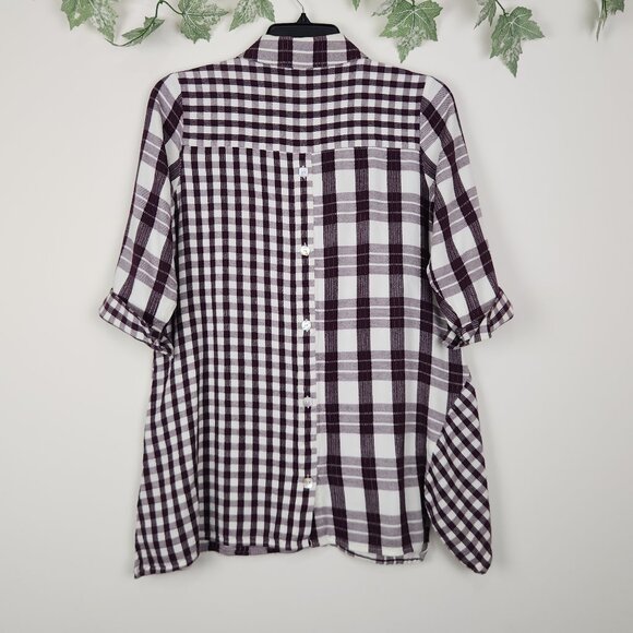 Soft Surroundings Size L Plaid Burgundy Purple 3/4 Sleeve Cotton Blend Tunic Top - Picture 4 of 6